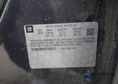 2016 Chevrolet Cruze Lt Auto from USA, damaged, VIN 1G1BE5SM1G7303516